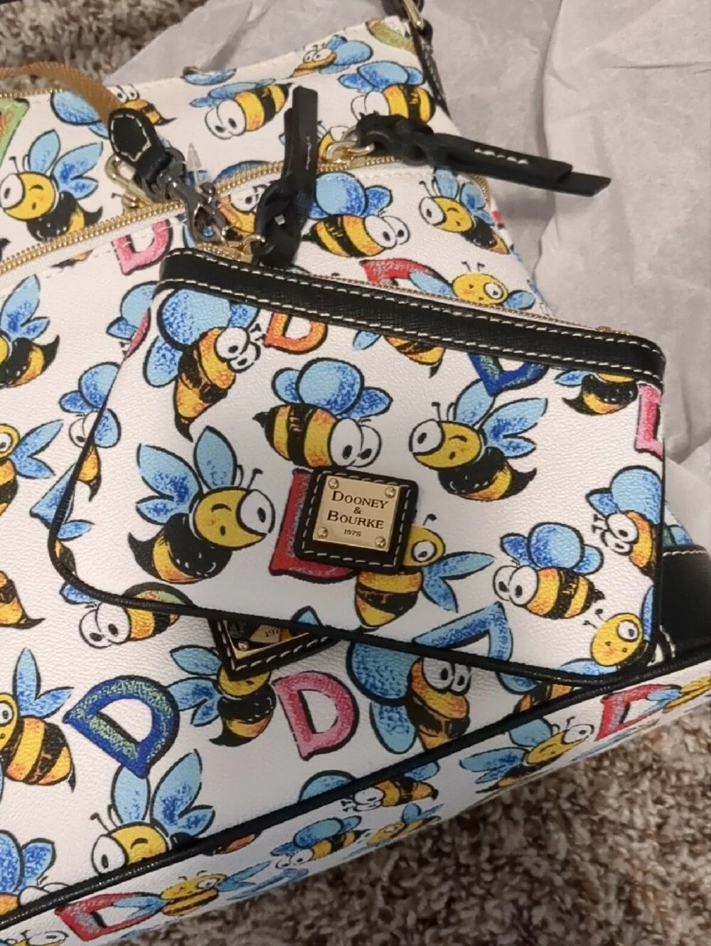 Dooney & Bourke White Bee Print Crossbody with Multicolor D Accents